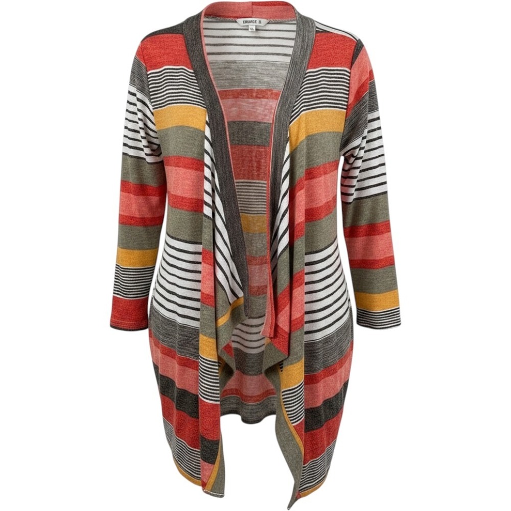 Dearcase Women Medium Multi Color Striped Open Front Cardigan Red Yellow Grey